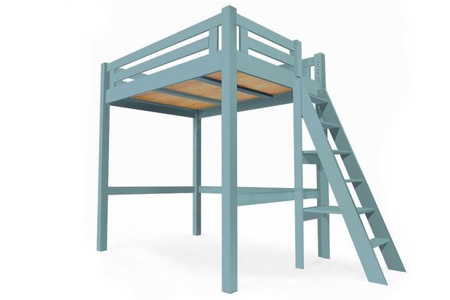 ABC MEUBLES - Lit mezzanine-ABC MEUBLES-Abc meubles - lit mezzanine alpage bois + échelle hauteur réglable bleu pastel 160x200
