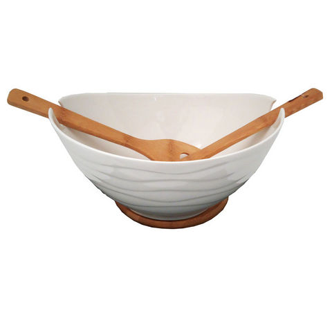 WHITE LABEL - Salad bowl-WHITE LABEL-Plat de service en porcelaine sur plateau en bambo