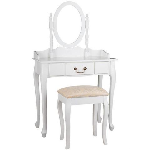 WHITE LABEL - Dressing table-WHITE LABEL-Coiffeuse bois blanche miroir tabouret