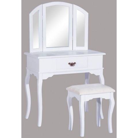 WHITE LABEL - Dressing table-WHITE LABEL-Coiffeuse bois avec grand miroir et tabouret table maquillage blanc