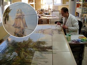 ART DECO CERAM - paysage exotique avec navire - Wand Fliesenmosaik