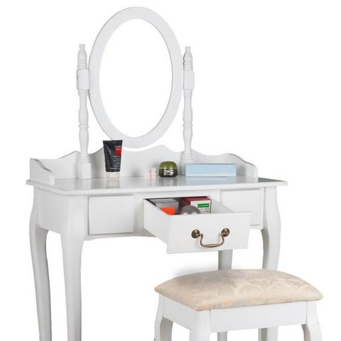 WHITE LABEL - Frisierkommode-WHITE LABEL-Coiffeuse bois blanche miroir tabouret