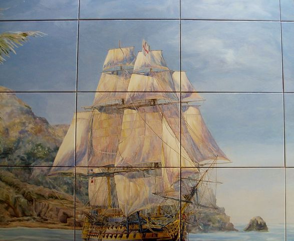 ART DECO CERAM - Piastrella a mosaico-ART DECO CERAM-Paysage exotique avec navire